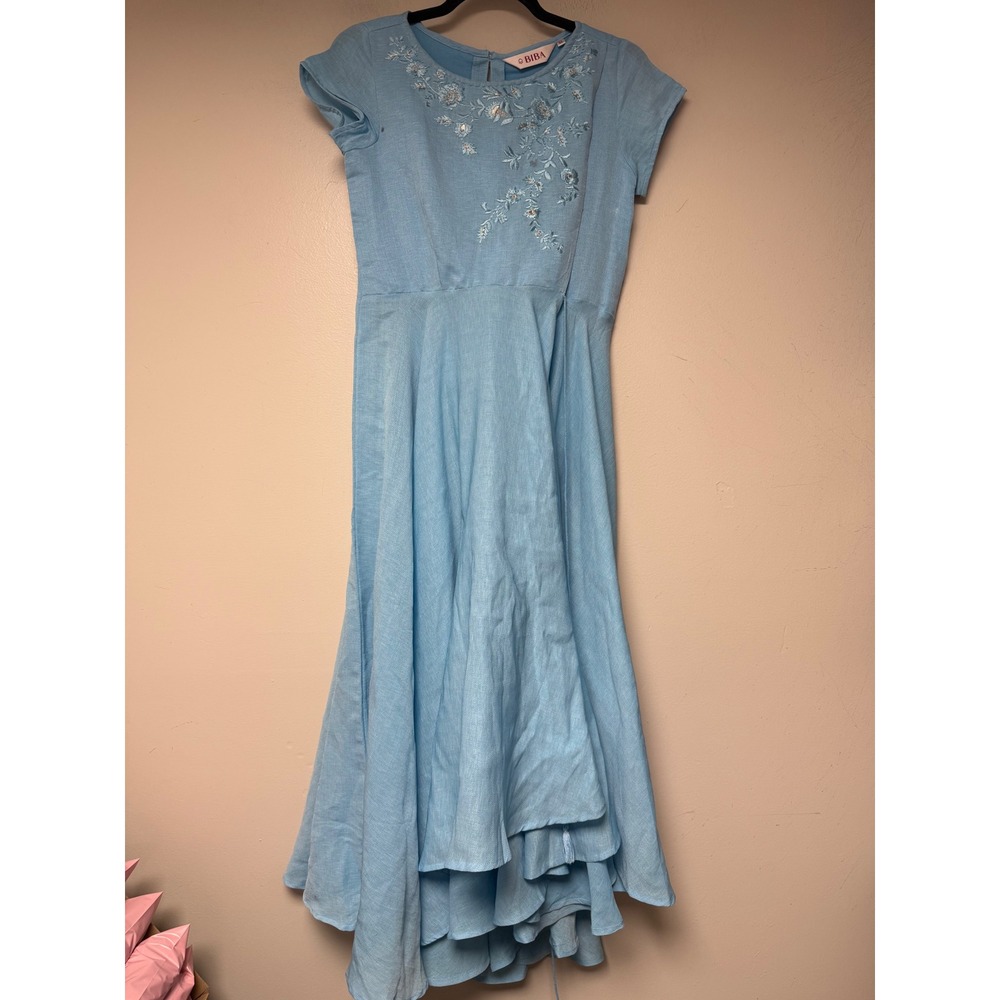 Biba Midi Dress Womens 32 Light Blue Excellent Floral Embroidered High Low Hem